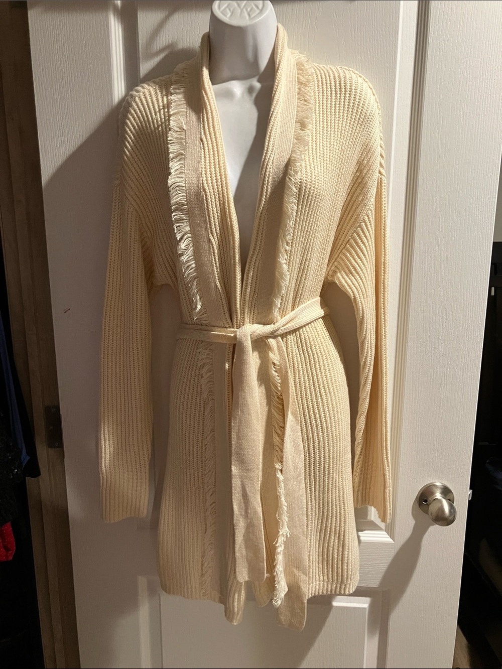 ANTONIO MELANI Cream Fringe-Trim Ribbed Belted Cardigan